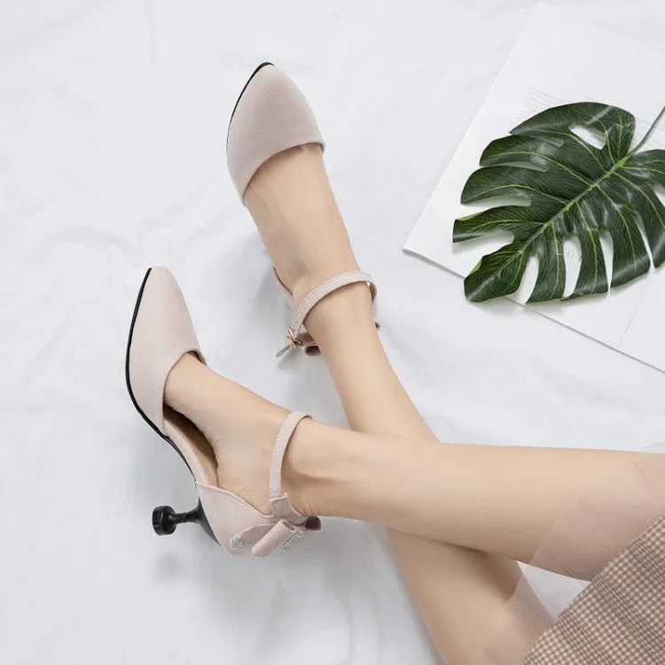 Women's's High Heels Suede Pointed Toe Ankle Strap Back Butterfly Knot Spool Heel Stiletto Sandals