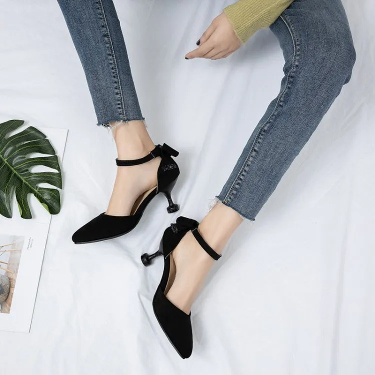 Women's's High Heels Suede Pointed Toe Ankle Strap Back Butterfly Knot Spool Heel Stiletto Sandals