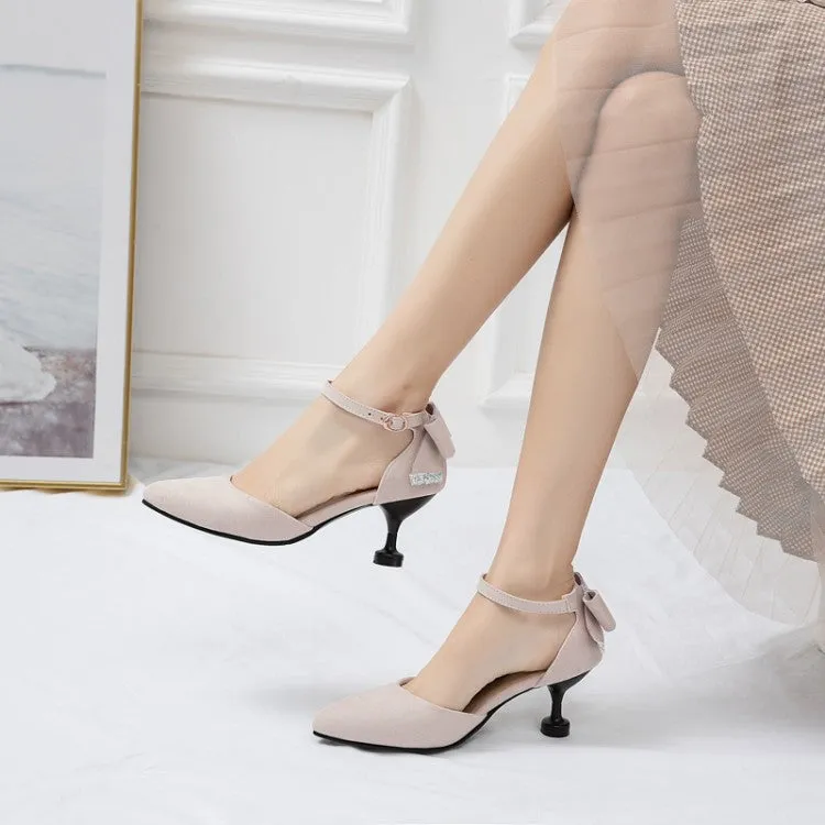 Women's's High Heels Suede Pointed Toe Ankle Strap Back Butterfly Knot Spool Heel Stiletto Sandals
