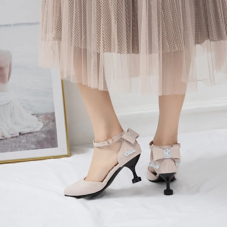 Women's's High Heels Suede Pointed Toe Ankle Strap Back Butterfly Knot Spool Heel Stiletto Sandals