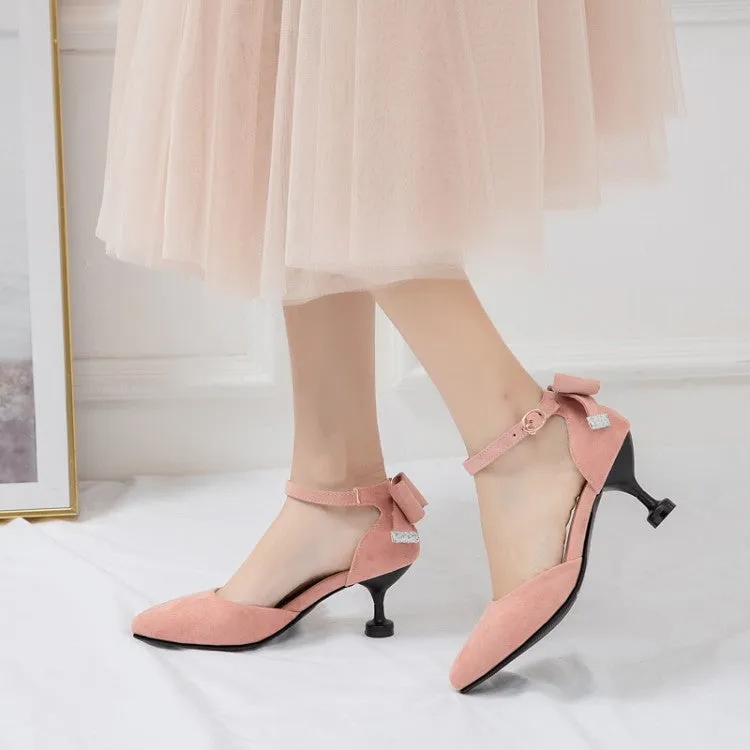 Women's's High Heels Suede Pointed Toe Ankle Strap Back Butterfly Knot Spool Heel Stiletto Sandals