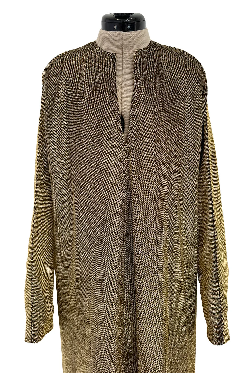 Wonderful 1970s Halston Metallic Gold Lame Lurex Full Length Caftan Dress w Notched Neckline