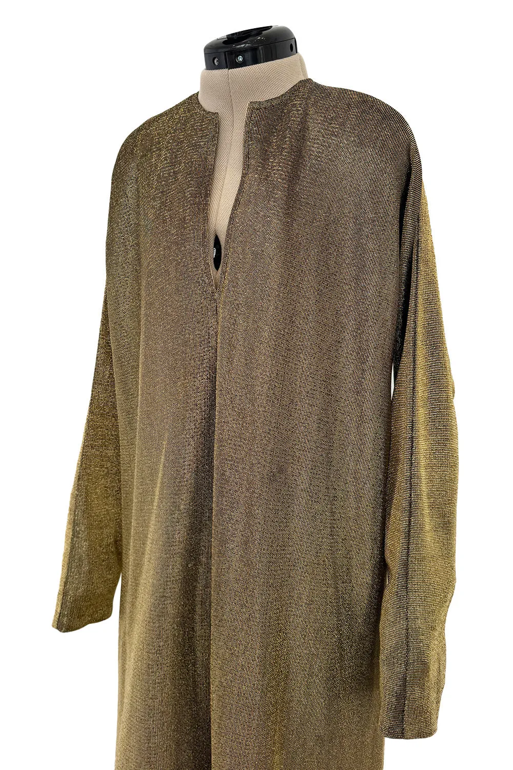 Wonderful 1970s Halston Metallic Gold Lame Lurex Full Length Caftan Dress w Notched Neckline