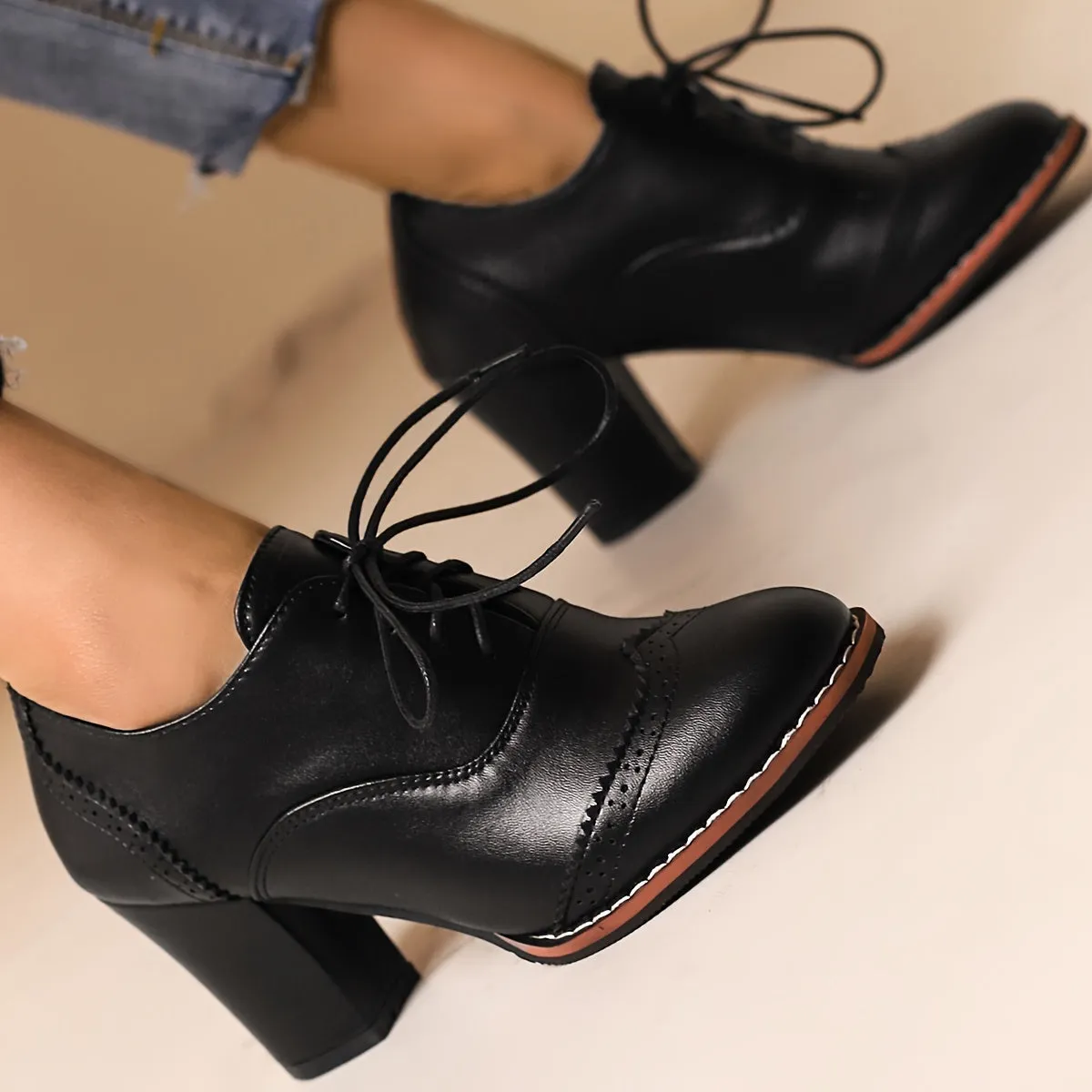 xieyinshe  Women's Solid Color Block Heels, Fashion Lace Up Dress Pumps, Women's Stylish & Comfortable Heels