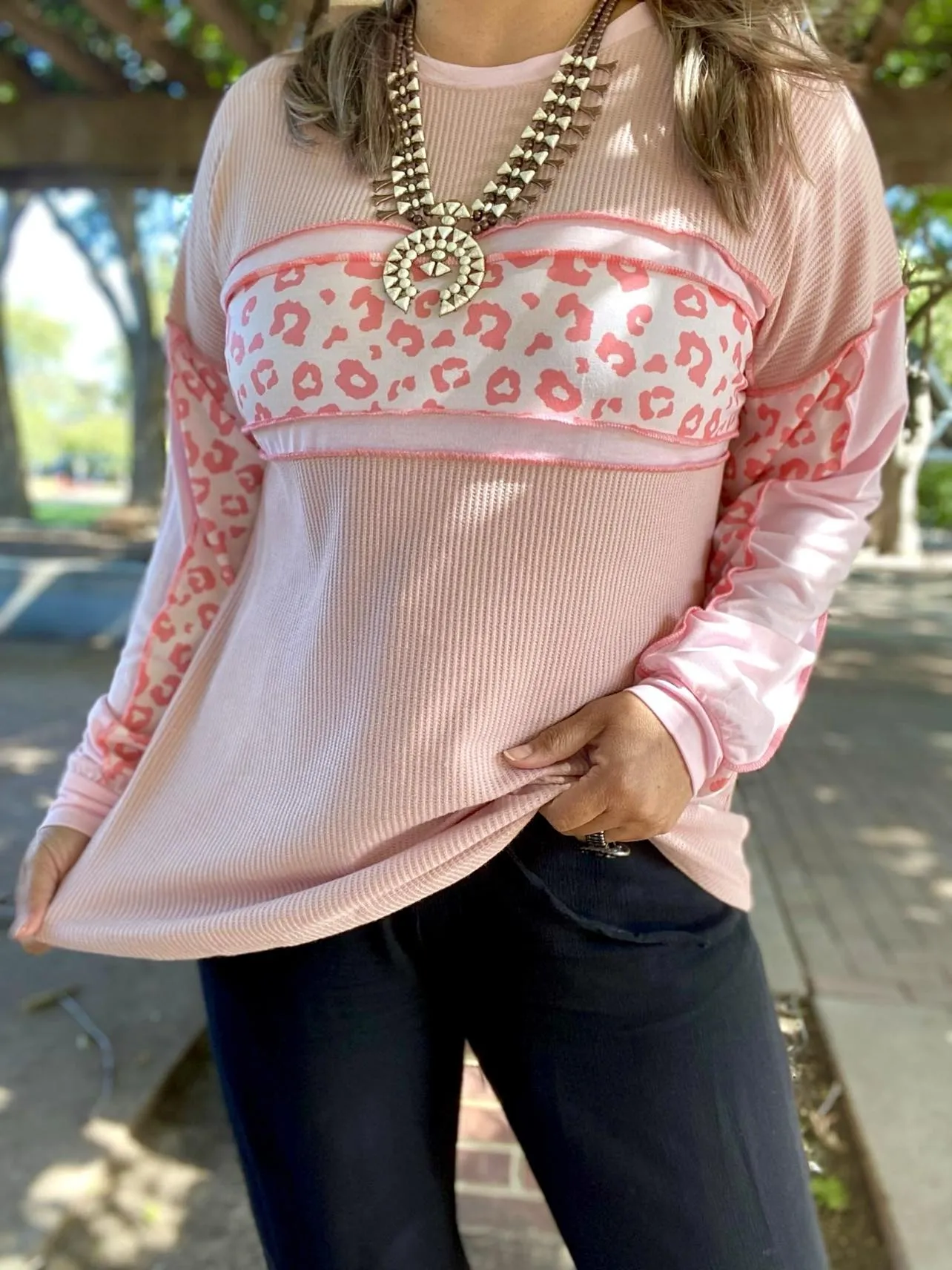 XL, 2X, 3X Blush waffle knit top with leopard print
