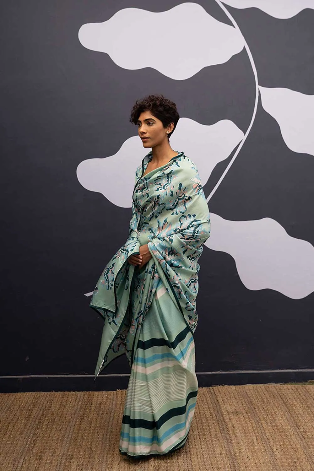 YAM   I  Casa Mila  ROSE ISLAND SAREE 1  (SAREE)  [BLOUSE STITCHED/ UNSTITCHED NOT INCLUDED] PURE HABUTAI SILK GREEN YAMSR21