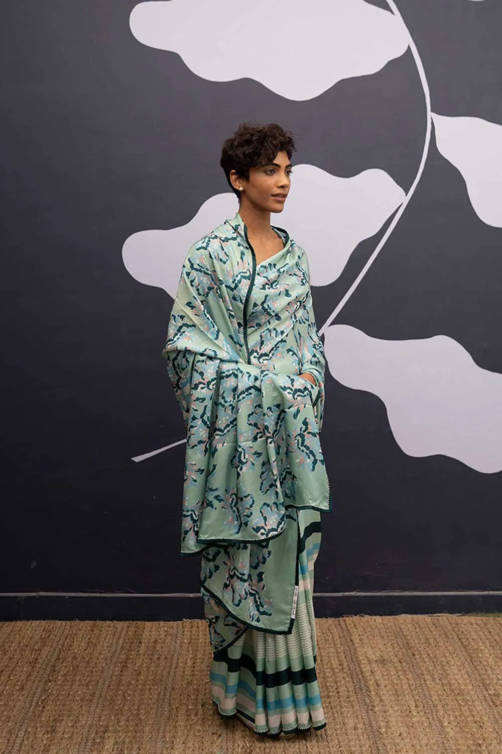 YAM   I  Casa Mila  ROSE ISLAND SAREE 1  (SAREE)  [BLOUSE STITCHED/ UNSTITCHED NOT INCLUDED] PURE HABUTAI SILK GREEN YAMSR21