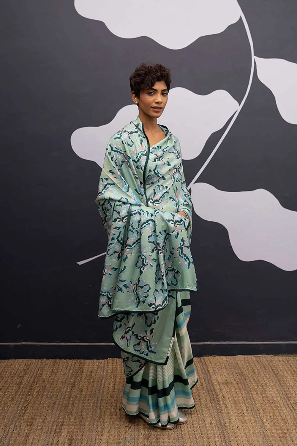 YAM   I  Casa Mila  ROSE ISLAND SAREE 1  (SAREE)  [BLOUSE STITCHED/ UNSTITCHED NOT INCLUDED] PURE HABUTAI SILK GREEN YAMSR21