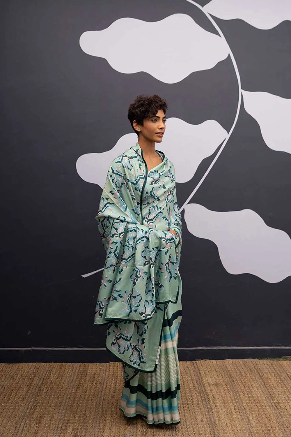 YAM   I  Casa Mila  ROSE ISLAND SAREE 1  (SAREE)  [BLOUSE STITCHED/ UNSTITCHED NOT INCLUDED] PURE HABUTAI SILK GREEN YAMSR21