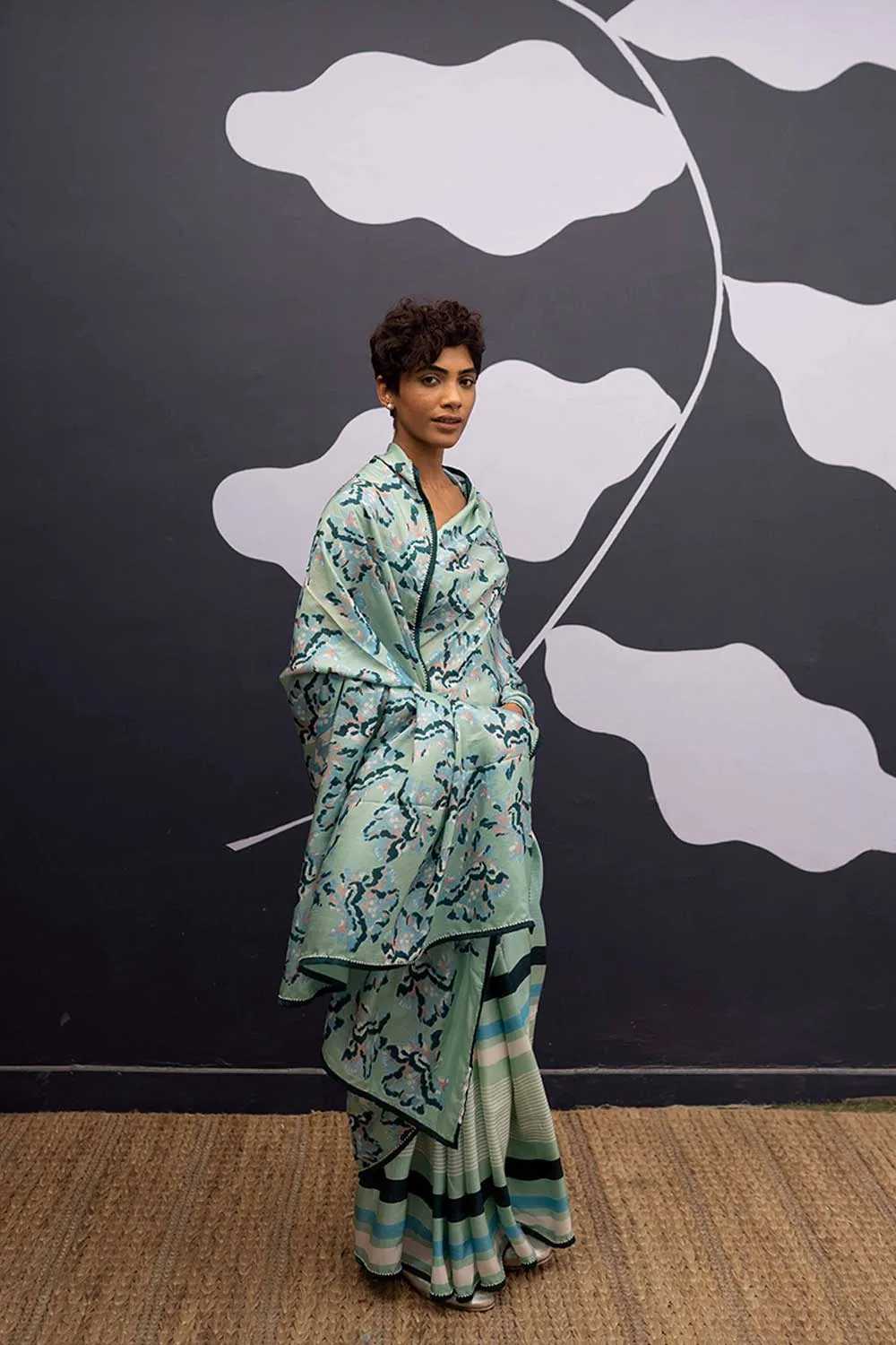 YAM   I  Casa Mila  ROSE ISLAND SAREE 1  (SAREE)  [BLOUSE STITCHED/ UNSTITCHED NOT INCLUDED] PURE HABUTAI SILK GREEN YAMSR21
