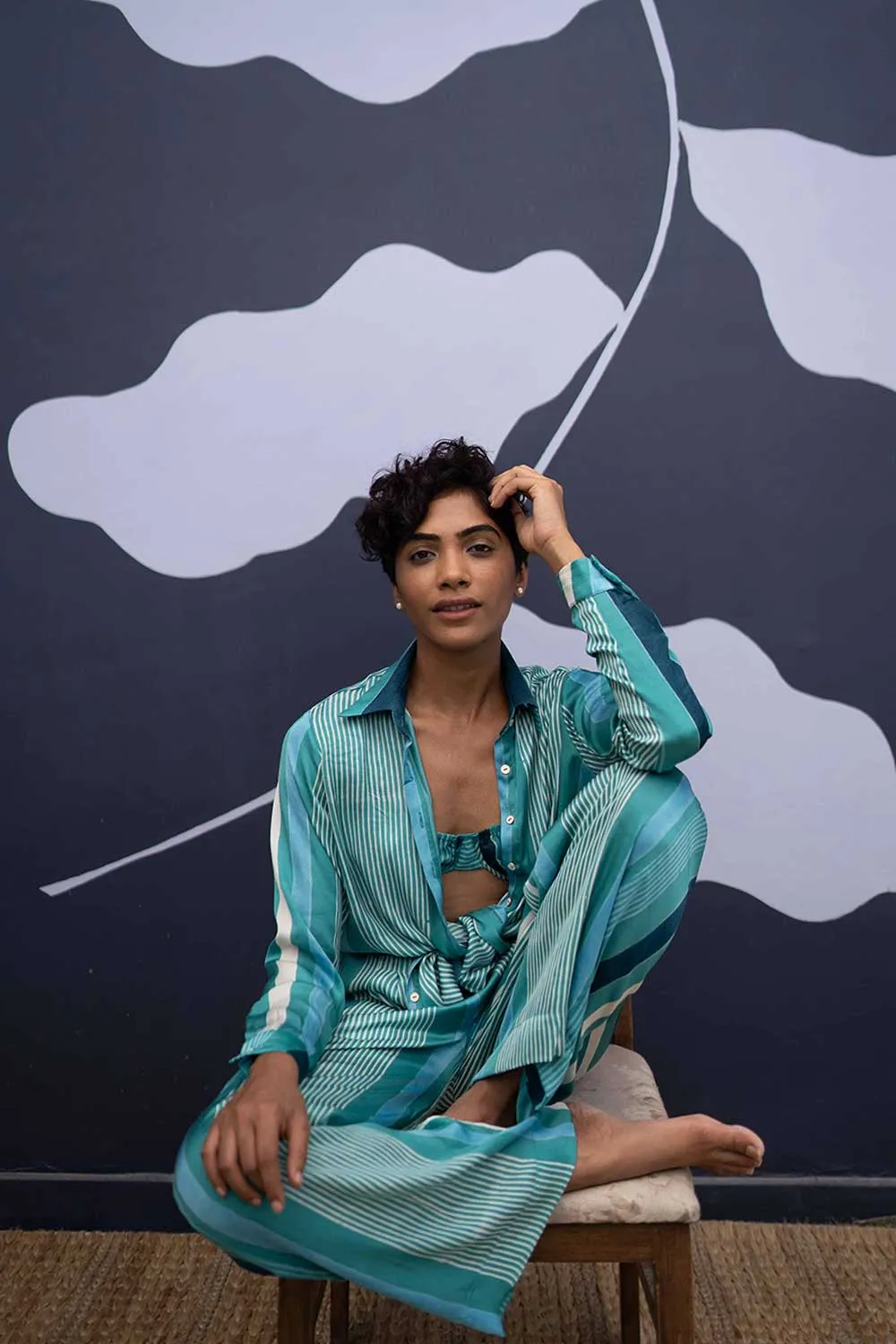 YAM   I Cataluna  SAVAI CO-ORD AND BRALETTE YAMBILLIE40 - 2 (SHIRT & PANTS)  YAMBL40 - 1 (BRALETTE) CO-ORD - SATIN  BRALETTE - SATIN CO-ORD - BLUE  BRALETTE - BLUE  YAMBILLIE40 YAMBL41