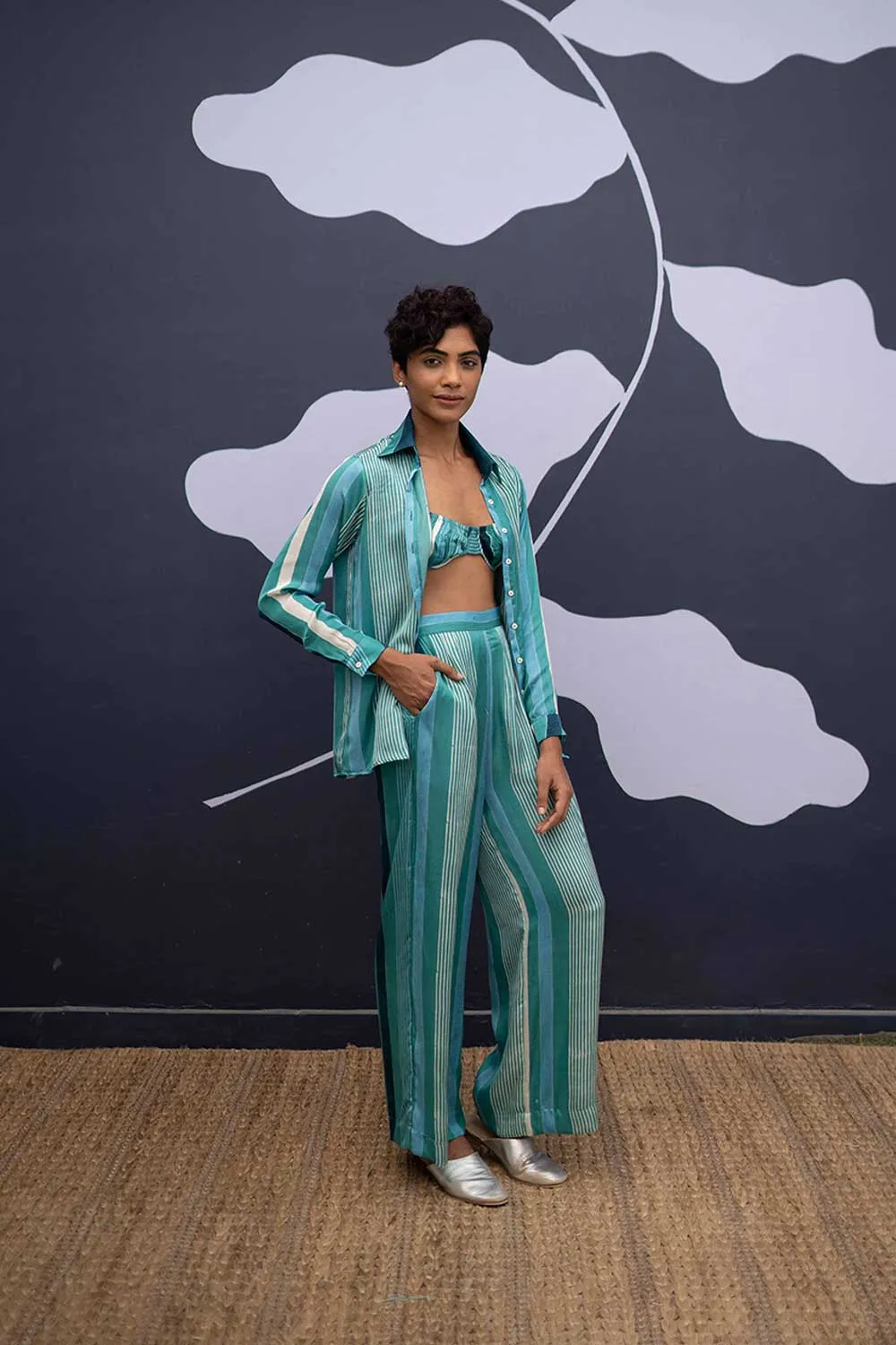 YAM   I Cataluna  SAVAI CO-ORD AND BRALETTE YAMBILLIE40 - 2 (SHIRT & PANTS)  YAMBL40 - 1 (BRALETTE) CO-ORD - SATIN  BRALETTE - SATIN CO-ORD - BLUE  BRALETTE - BLUE  YAMBILLIE40 YAMBL41