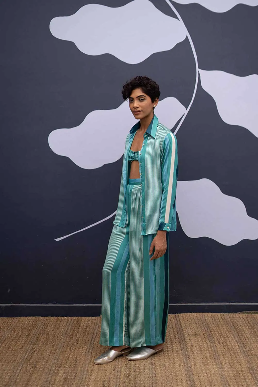 YAM   I Cataluna  SAVAI CO-ORD AND BRALETTE YAMBILLIE40 - 2 (SHIRT & PANTS)  YAMBL40 - 1 (BRALETTE) CO-ORD - SATIN  BRALETTE - SATIN CO-ORD - BLUE  BRALETTE - BLUE  YAMBILLIE40 YAMBL41