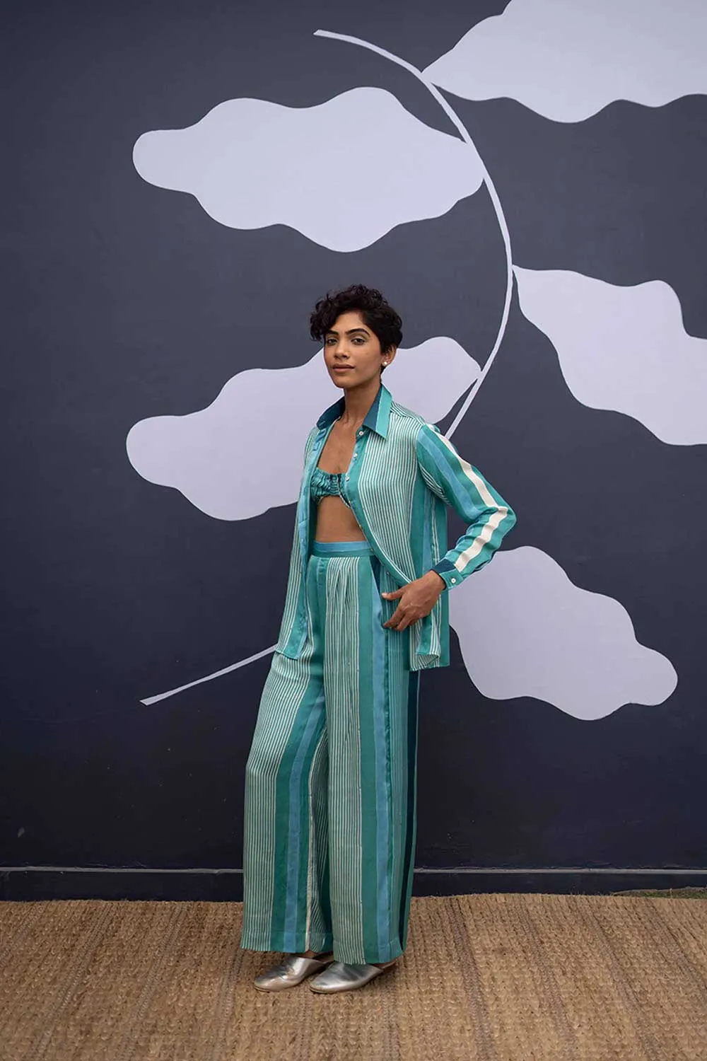 YAM   I Cataluna  SAVAI CO-ORD AND BRALETTE YAMBILLIE40 - 2 (SHIRT & PANTS)  YAMBL40 - 1 (BRALETTE) CO-ORD - SATIN  BRALETTE - SATIN CO-ORD - BLUE  BRALETTE - BLUE  YAMBILLIE40 YAMBL41
