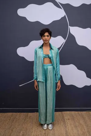 YAM   I Cataluna  SAVAI CO-ORD AND BRALETTE YAMBILLIE40 - 2 (SHIRT & PANTS)  YAMBL40 - 1 (BRALETTE) CO-ORD - SATIN  BRALETTE - SATIN CO-ORD - BLUE  BRALETTE - BLUE  YAMBILLIE40 YAMBL41