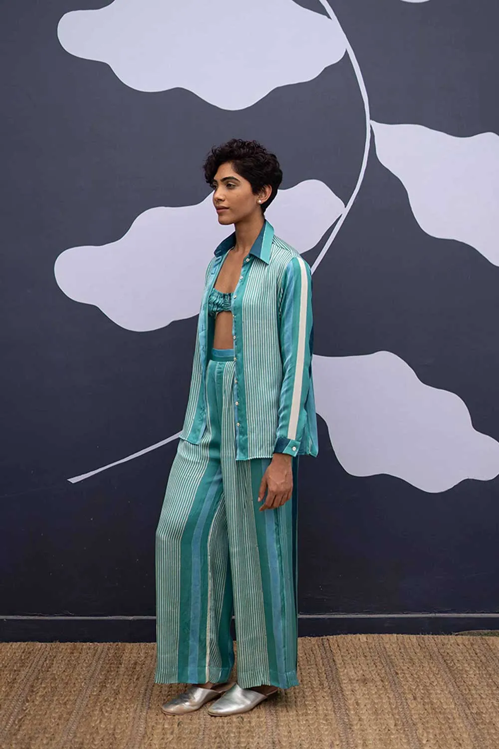 YAM   I Cataluna  SAVAI CO-ORD AND BRALETTE YAMBILLIE40 - 2 (SHIRT & PANTS)  YAMBL40 - 1 (BRALETTE) CO-ORD - SATIN  BRALETTE - SATIN CO-ORD - BLUE  BRALETTE - BLUE  YAMBILLIE40 YAMBL41