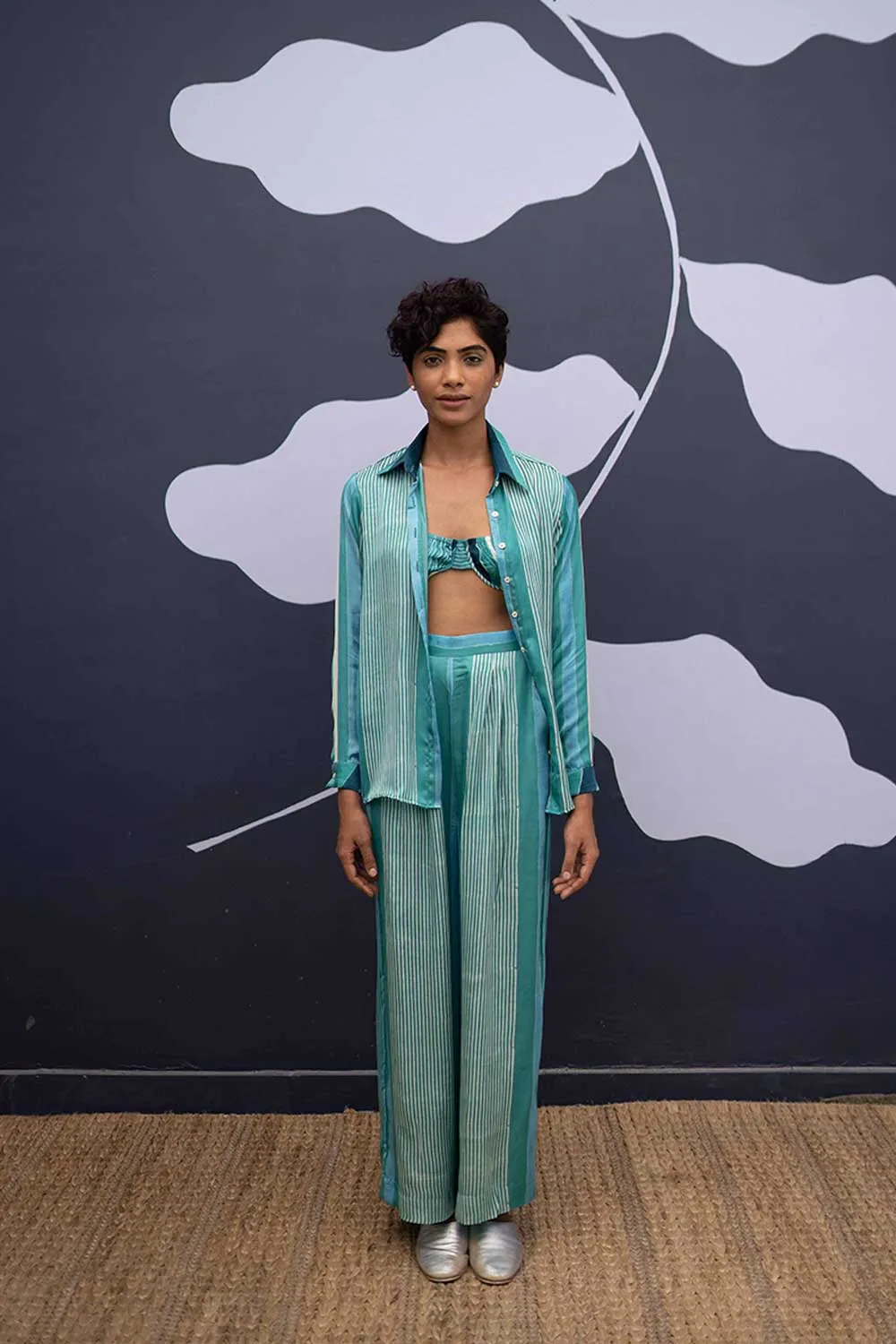 YAM   I Cataluna  SAVAI CO-ORD AND BRALETTE YAMBILLIE40 - 2 (SHIRT & PANTS)  YAMBL40 - 1 (BRALETTE) CO-ORD - SATIN  BRALETTE - SATIN CO-ORD - BLUE  BRALETTE - BLUE  YAMBILLIE40 YAMBL41