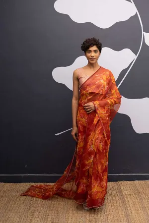 YAM   I   Poble HAWAI SAREE 1  (SAREE)  [BLOUSE STITCHED/ UNSTITCHED NOT INCLUDED] SILK ORGANZA RED YAMSR26