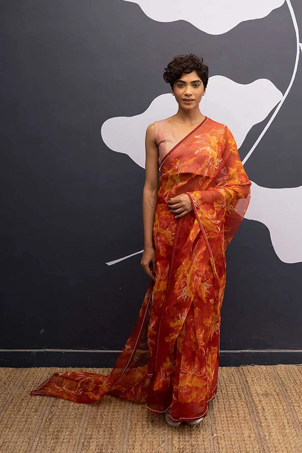 YAM   I   Poble HAWAI SAREE 1  (SAREE)  [BLOUSE STITCHED/ UNSTITCHED NOT INCLUDED] SILK ORGANZA RED YAMSR26