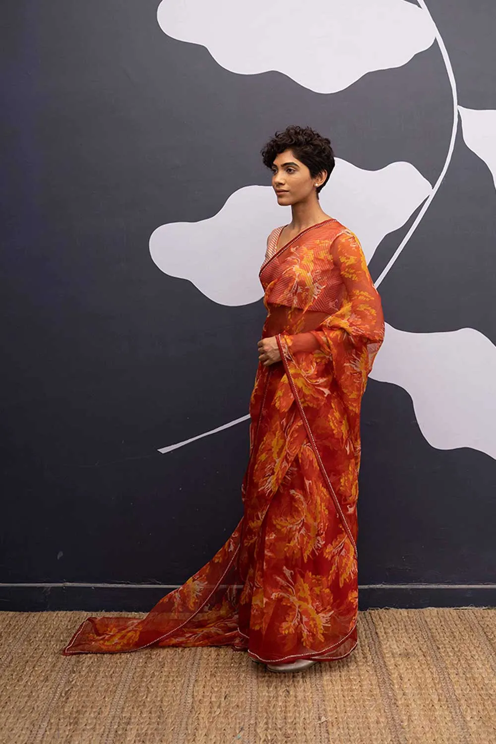 YAM   I   Poble HAWAI SAREE 1  (SAREE)  [BLOUSE STITCHED/ UNSTITCHED NOT INCLUDED] SILK ORGANZA RED YAMSR26