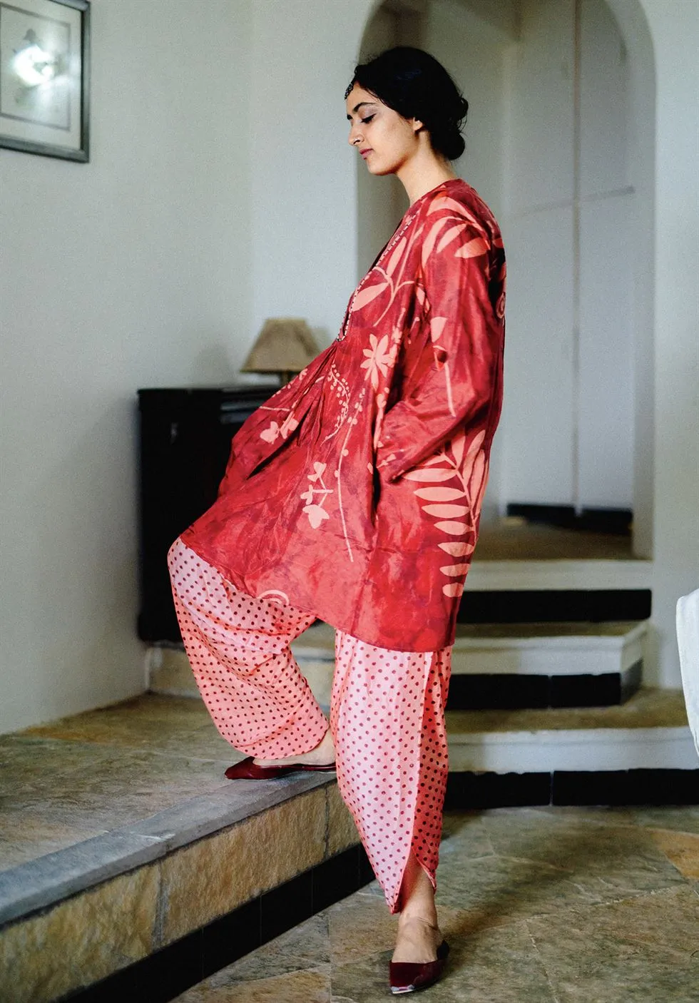 YAM   I  William Street  RED JAMAICA SET KURTA SET KURTA - SILK PANTS - SATIN RED & PEACH Festive Collections YAMKU29