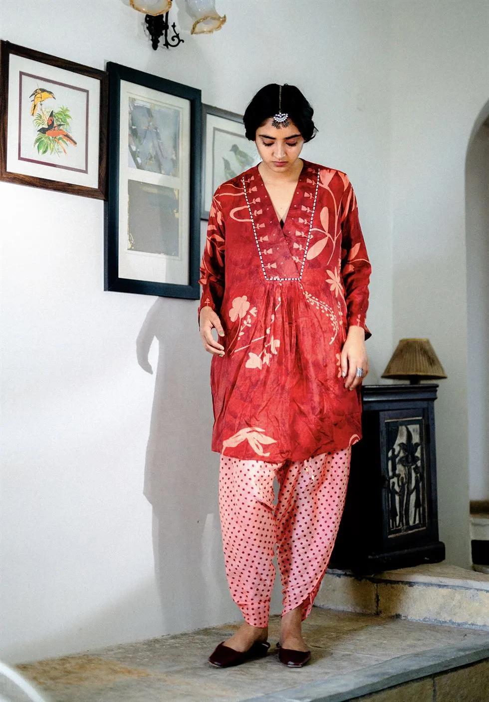 YAM   I  William Street  RED JAMAICA SET KURTA SET KURTA - SILK PANTS - SATIN RED & PEACH Festive Collections YAMKU29