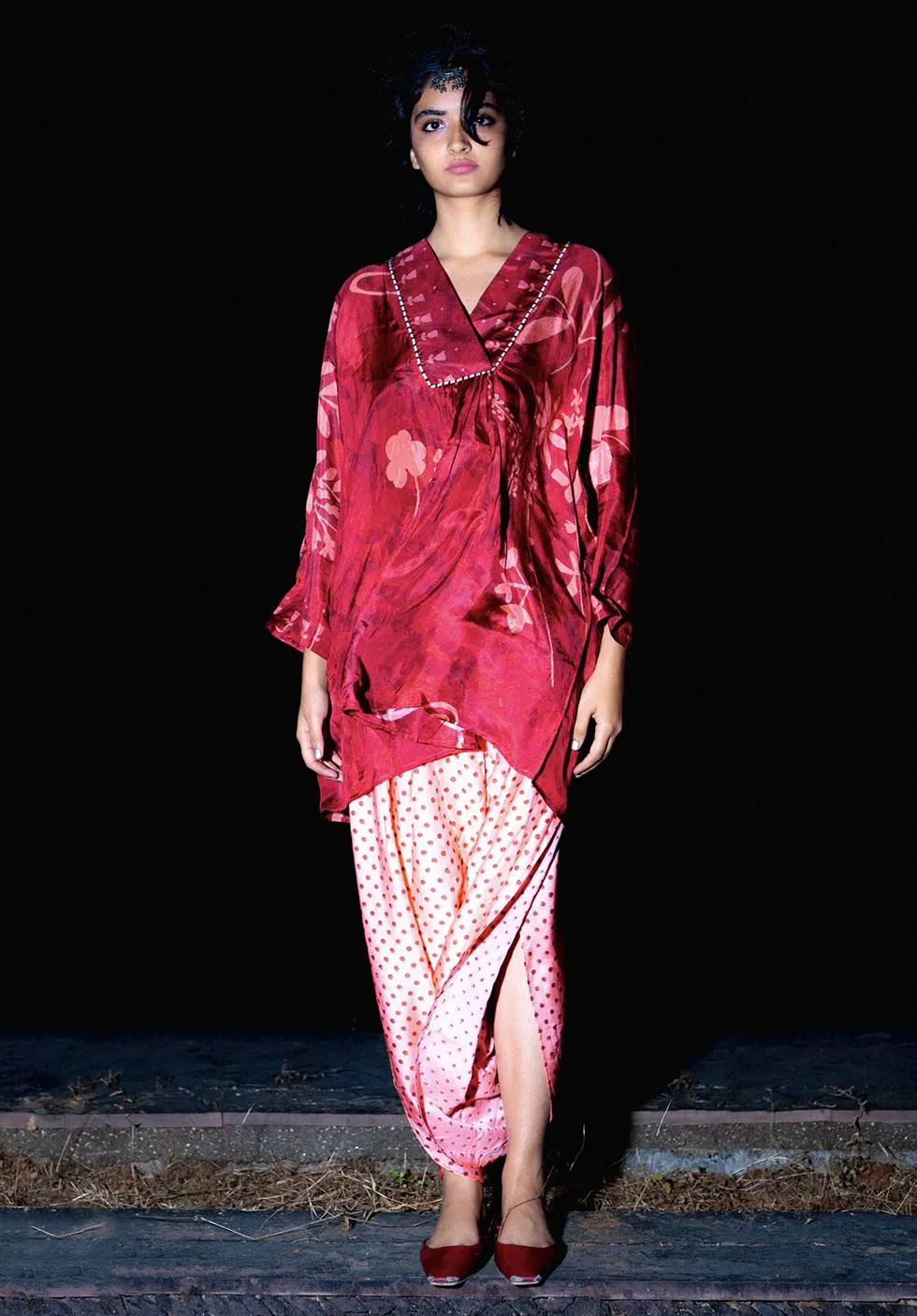 YAM   I  William Street  RED JAMAICA SET KURTA SET KURTA - SILK PANTS - SATIN RED & PEACH Festive Collections YAMKU29