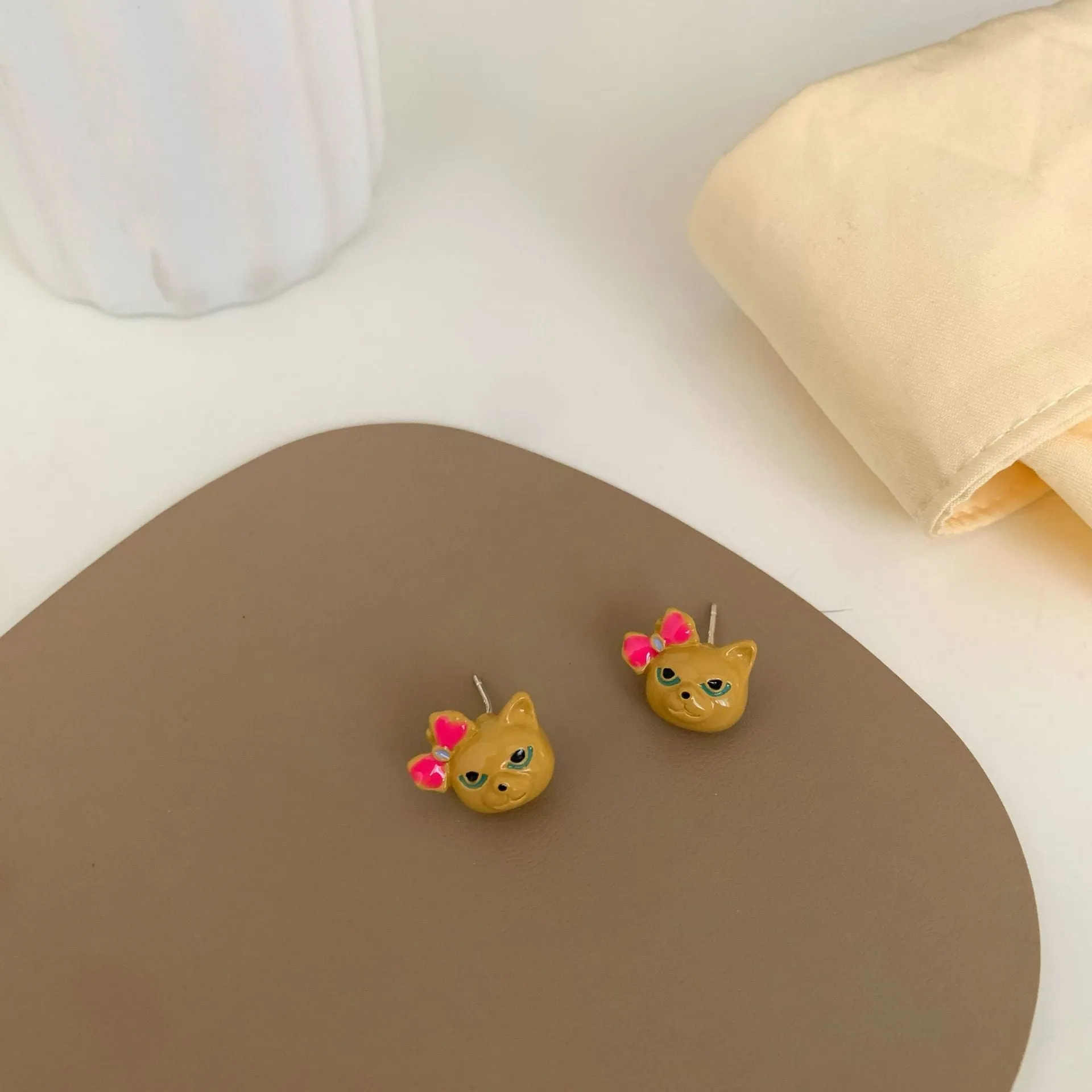 Yellow & Pink Bow Kitty Stud Earrings