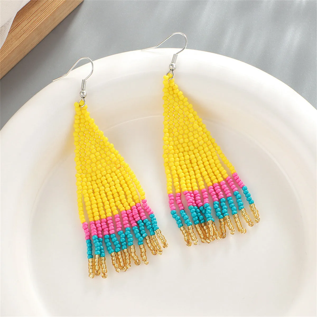 Yellow & Pink Color Block Beaded Drop Earrings